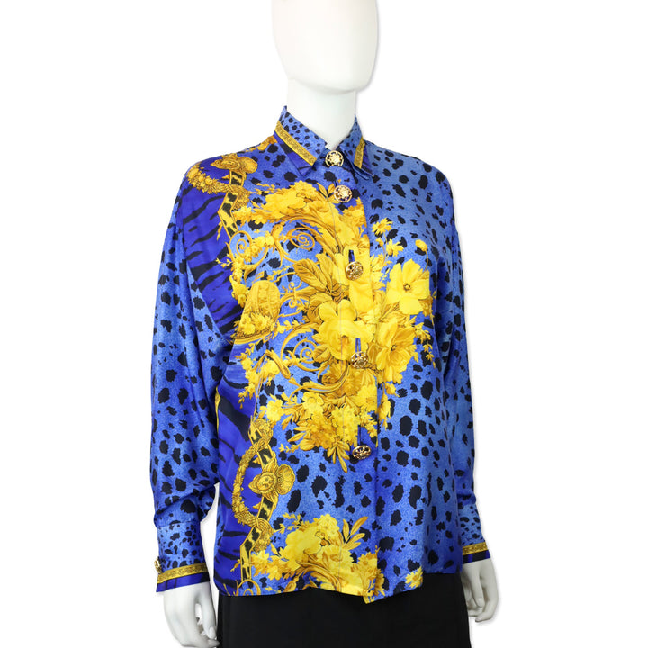 Ganni Versace 1990s Blue Cheetah & Gold Baroque Print Silk Button Blouse With Gold Buttons