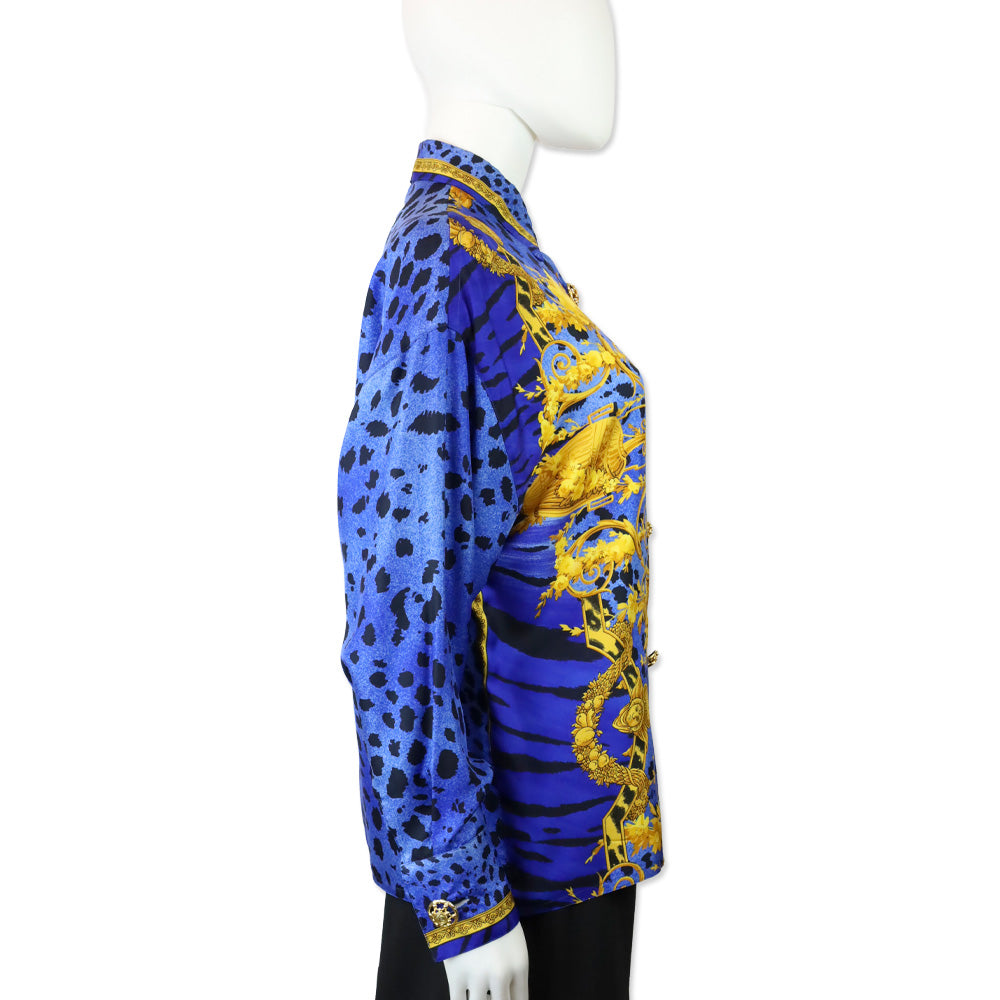 Ganni Versace 1990s Blue Cheetah & Gold Baroque Print Silk Button Blouse With Gold Buttons