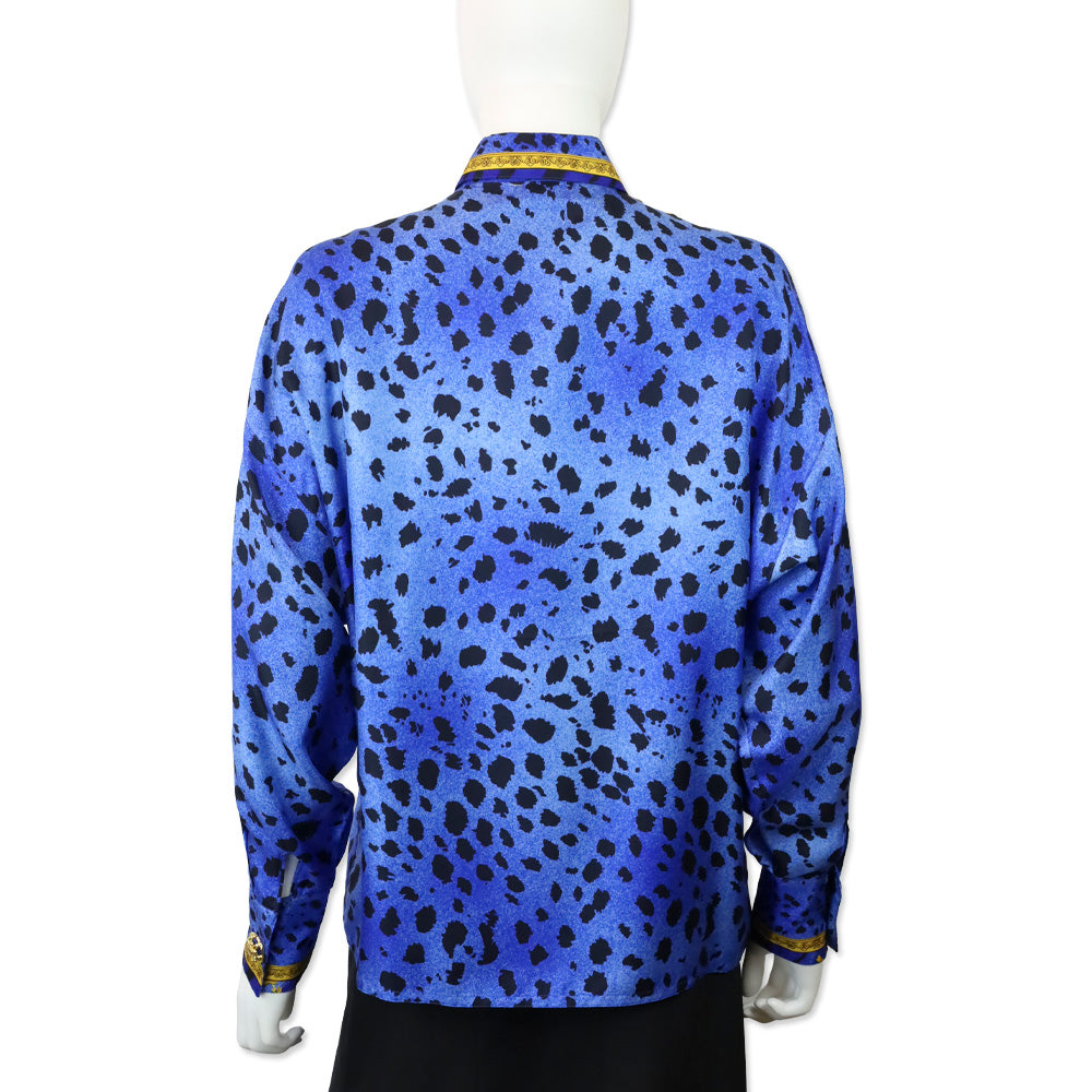 Ganni Versace 1990s Blue Cheetah & Gold Baroque Print Silk Button Blouse With Gold Buttons