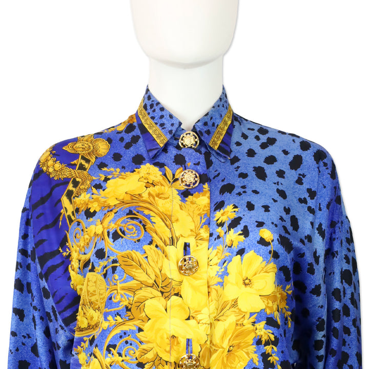 Ganni Versace 1990s Blue Cheetah & Gold Baroque Print Silk Button Blouse With Gold Buttons