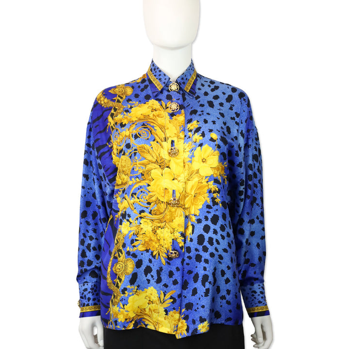 Ganni Versace 1990s Blue Cheetah & Gold Baroque Print Silk Button Blouse With Gold Buttons