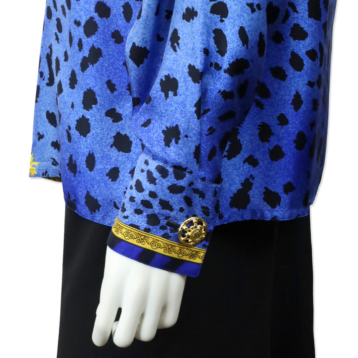 Ganni Versace 1990s Blue Cheetah & Gold Baroque Print Silk Button Blouse With Gold Buttons
