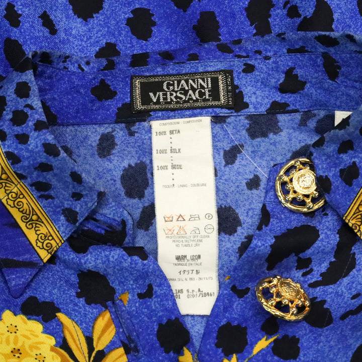 Ganni Versace 1990s Blue Cheetah & Gold Baroque Print Silk Button Blouse With Gold Buttons