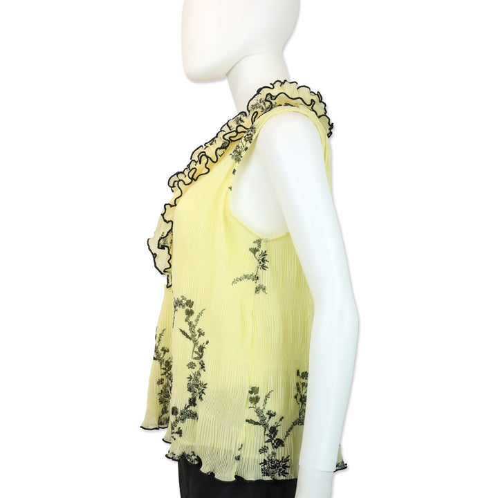 Ganni Yellow Floral Print Pleated Chiffon Ruffle V-Neck Sleeveless Top