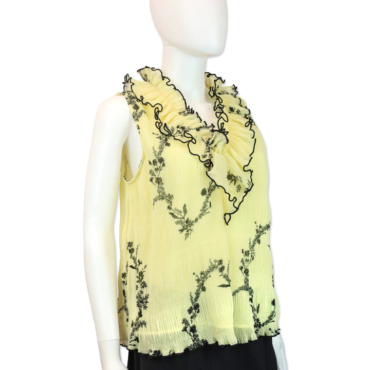 Ganni Yellow Floral Print Pleated Chiffon Ruffle V-Neck Sleeveless Top