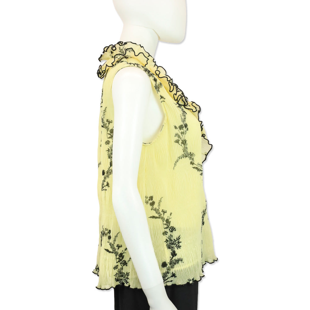 Ganni Yellow Floral Print Pleated Chiffon Ruffle V-Neck Sleeveless Top