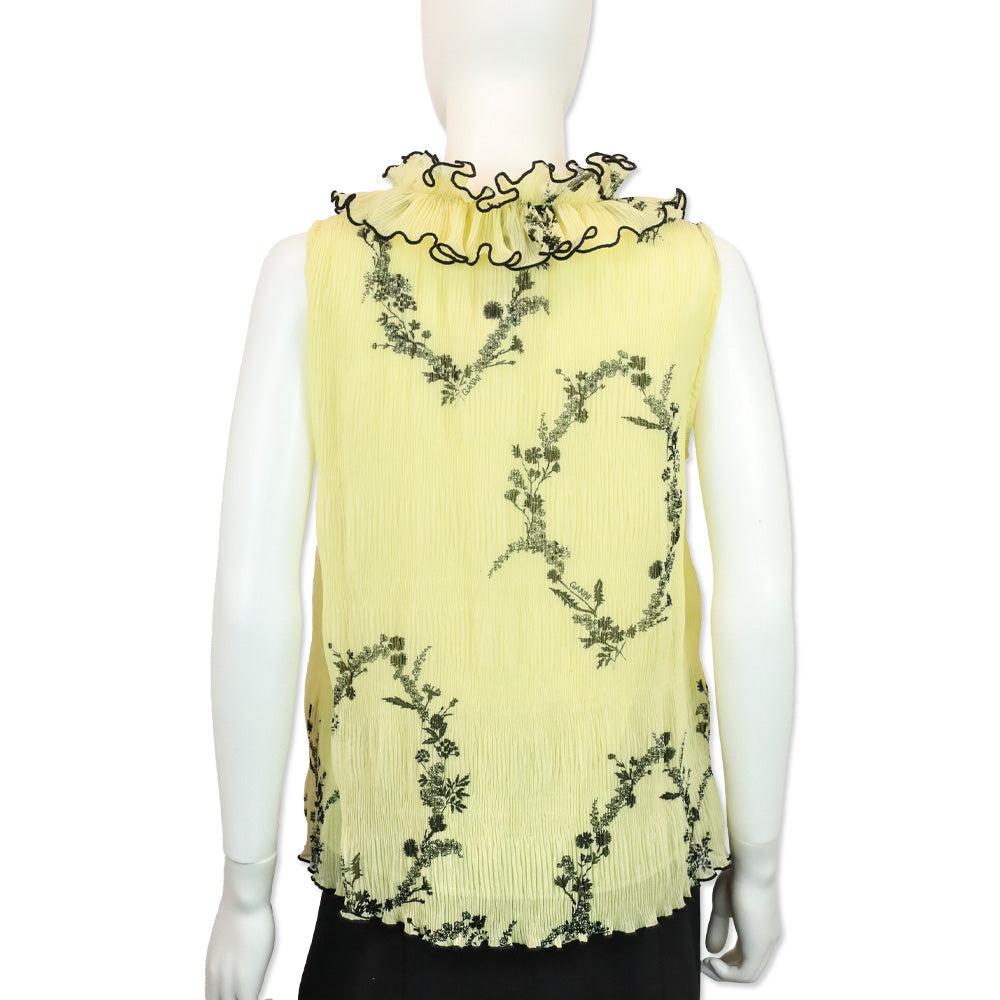 Ganni Yellow Floral Print Pleated Chiffon Ruffle V-Neck Sleeveless Top