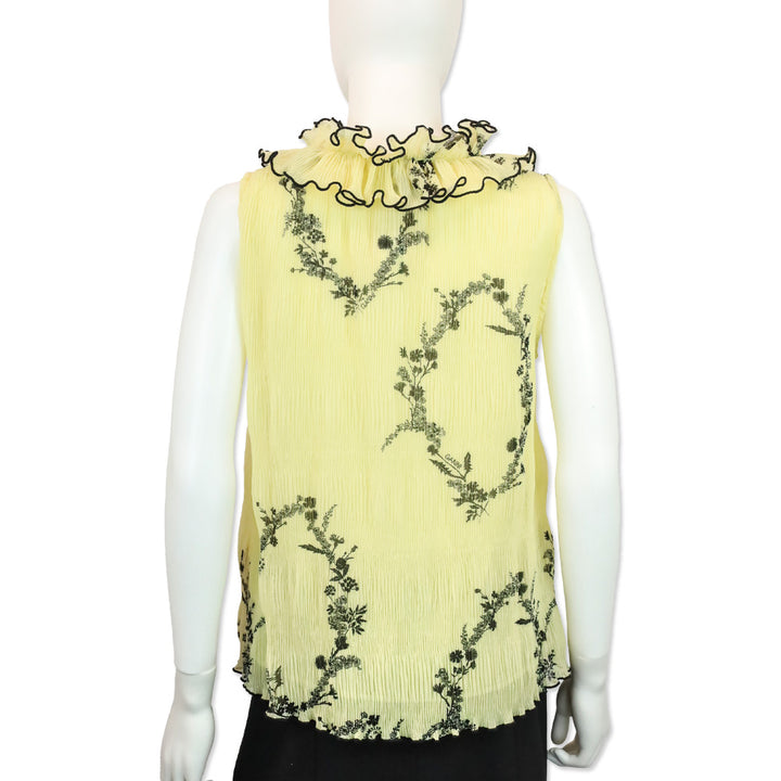 Ganni Yellow Floral Print Pleated Chiffon Ruffle V-Neck Sleeveless Top