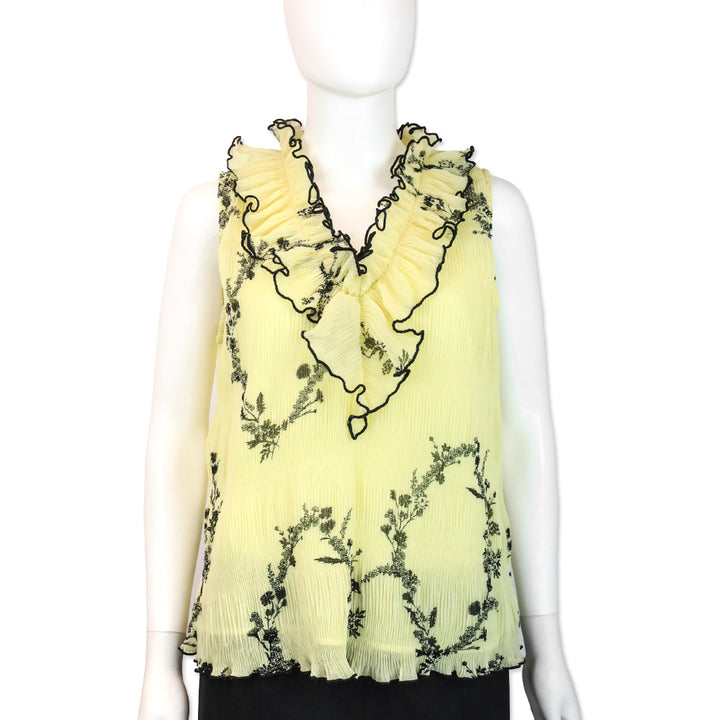 Ganni Yellow Floral Print Pleated Chiffon Ruffle V-Neck Sleeveless Top