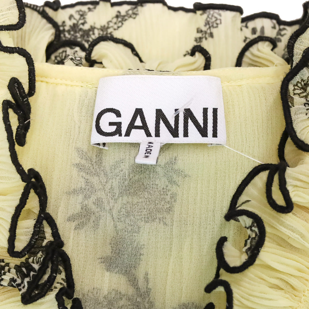 Ganni Yellow Floral Print Pleated Chiffon Ruffle V-Neck Sleeveless Top