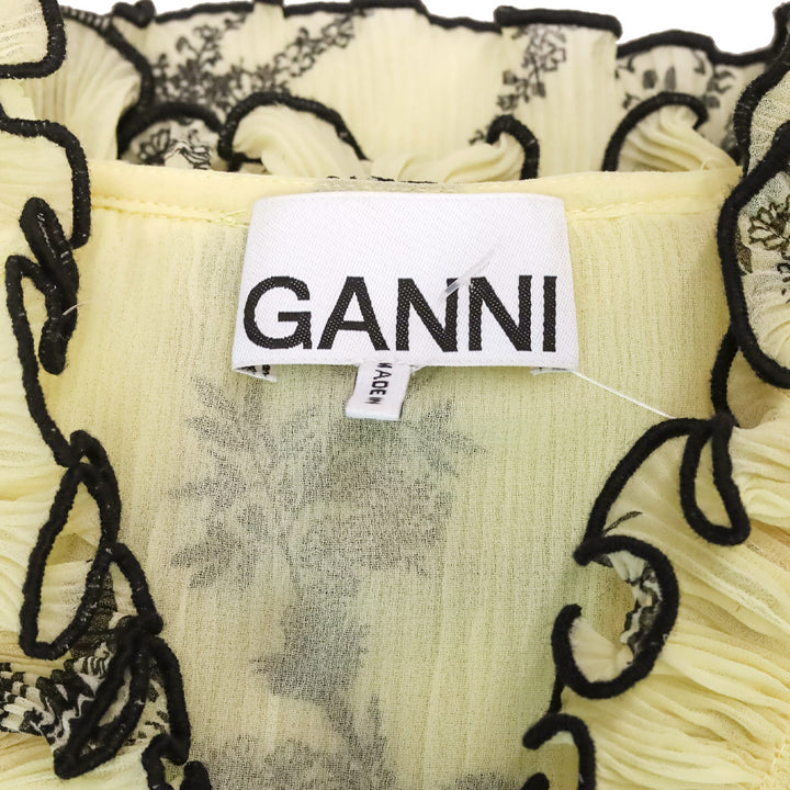 Ganni Yellow Floral Print Pleated Chiffon Ruffle V-Neck Sleeveless Top