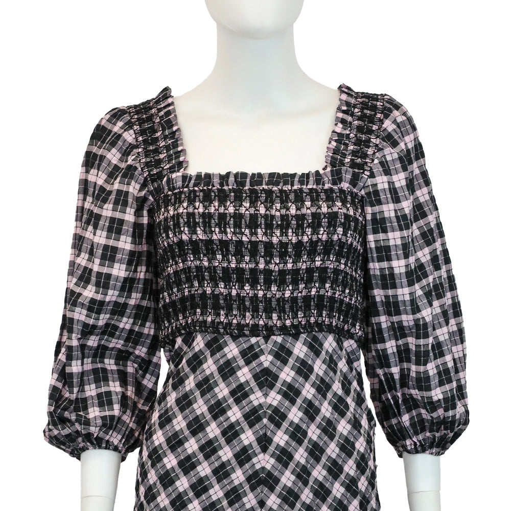 Ganni Black/Lilac Check Cotton-Blend Smocked Seersucker Maxi Dress | DBLTKE Luxury Consignment Boutique Ganni Black/Lilac Check Cotton-Blend Smocked Seersucker Maxi Dress | DBLTKE Luxury Consignment Boutique