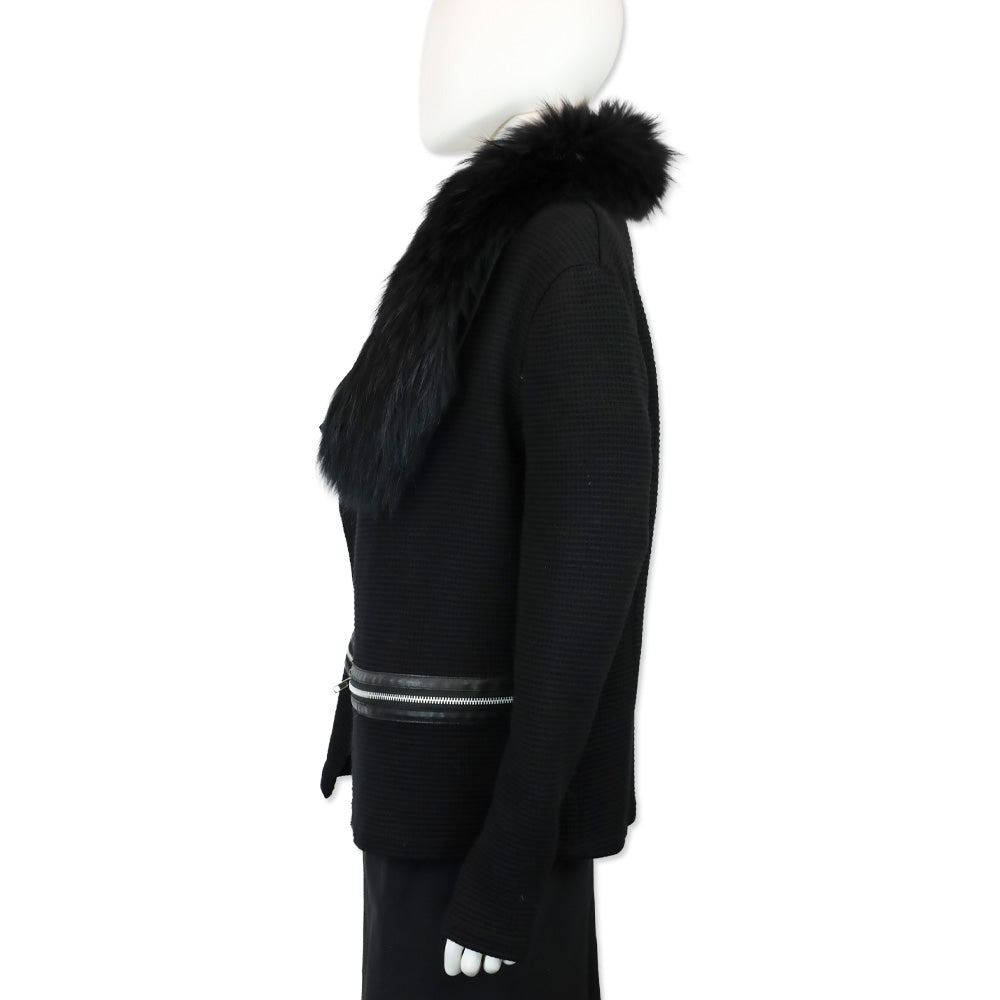 Generation Love Arielle Black Waffle Knit Raccoon Fur Collar Cardigan Sweater