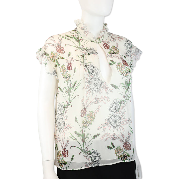 Giambattista Valli Floral Print Silk Chiffon Keyhole Ruffle Trim Top