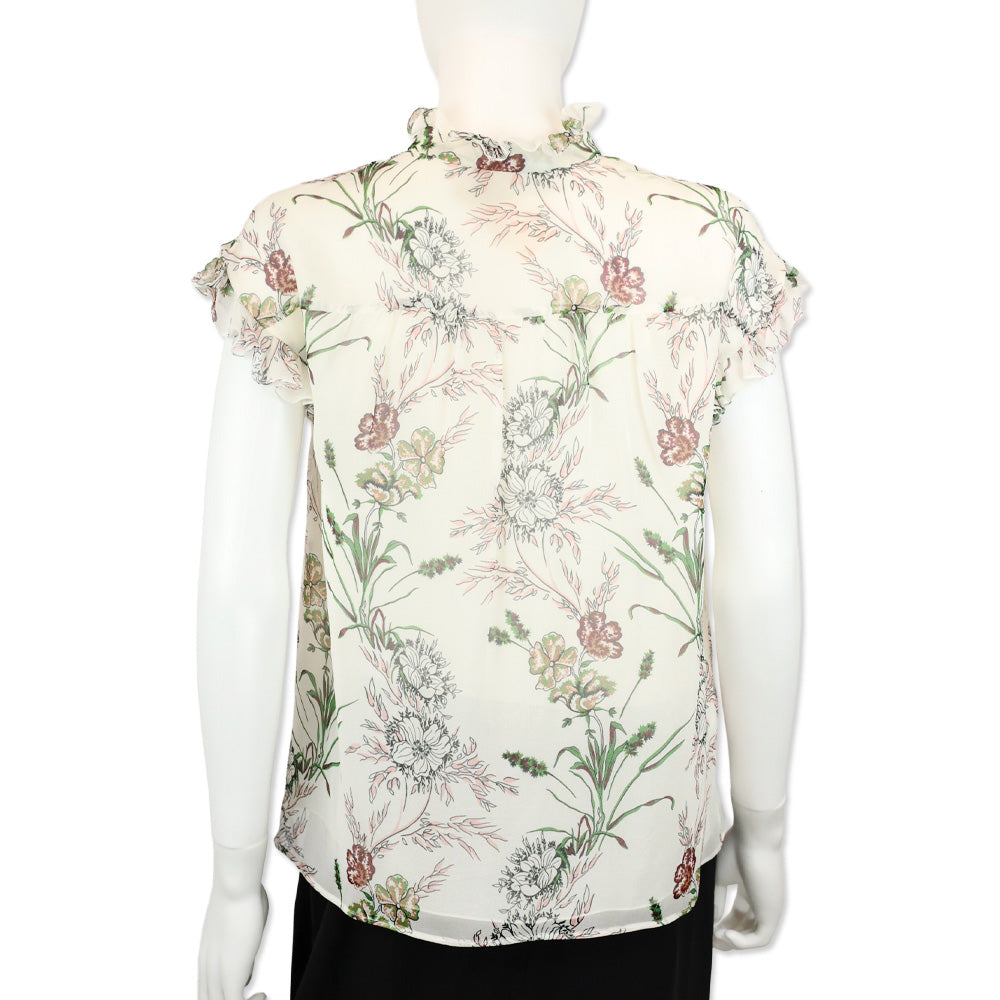 Giambattista Valli Floral Print Silk Chiffon Keyhole Ruffle Trim Top