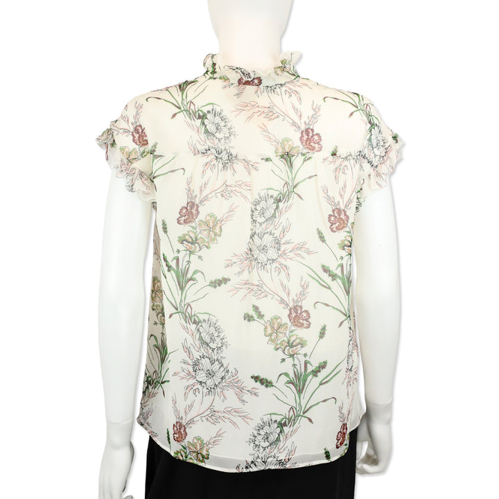 Giambattista Valli Floral Print Silk Chiffon Keyhole Ruffle Trim Top