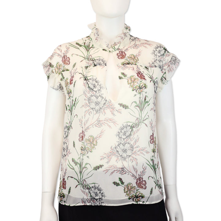 Giambattista Valli Floral Print Silk Chiffon Keyhole Ruffle Trim Top
