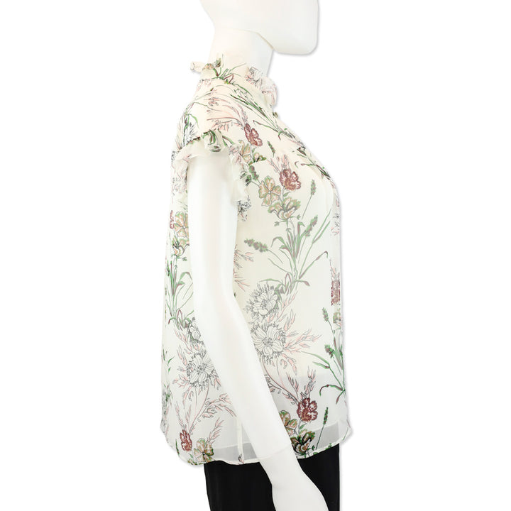 Giambattista Valli Floral Print Silk Chiffon Keyhole Ruffle Trim Top