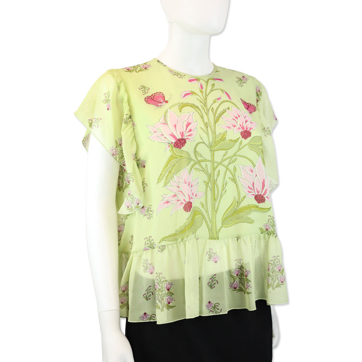 Giambattista Valli Green Floral Silk Chiffon Short Ruffle Peplum Top