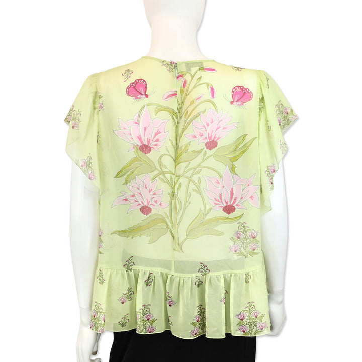 Giambattista Valli Green Floral Silk Chiffon Short Ruffle Peplum Top