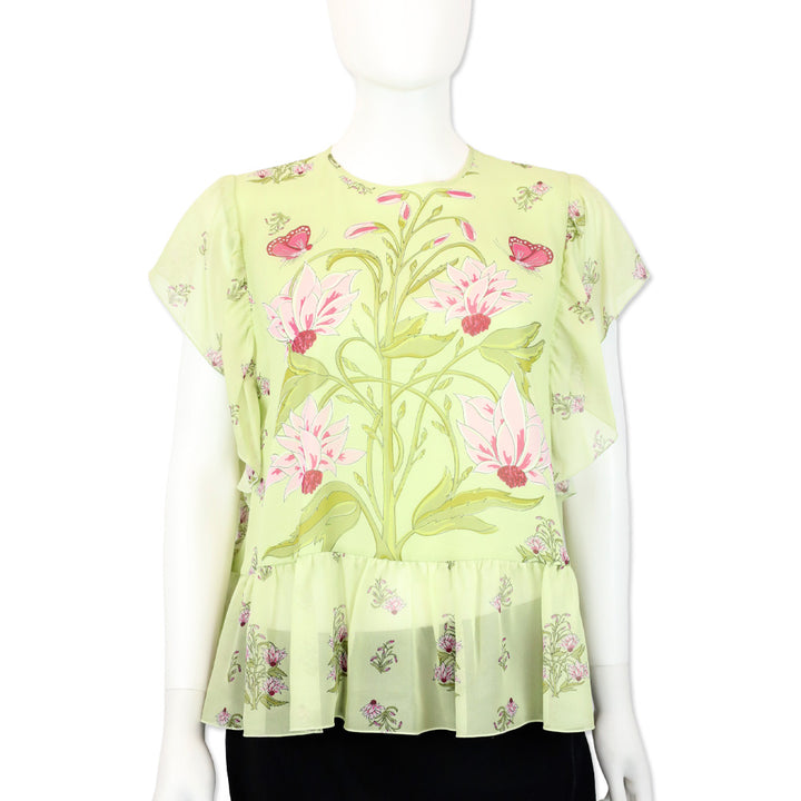 Giambattista Valli Green Floral Silk Chiffon Short Ruffle Peplum Top