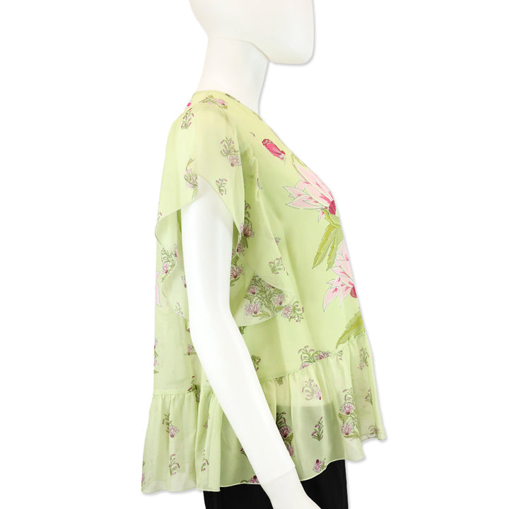 Giambattista Valli Green Floral Silk Chiffon Short Ruffle Peplum Top