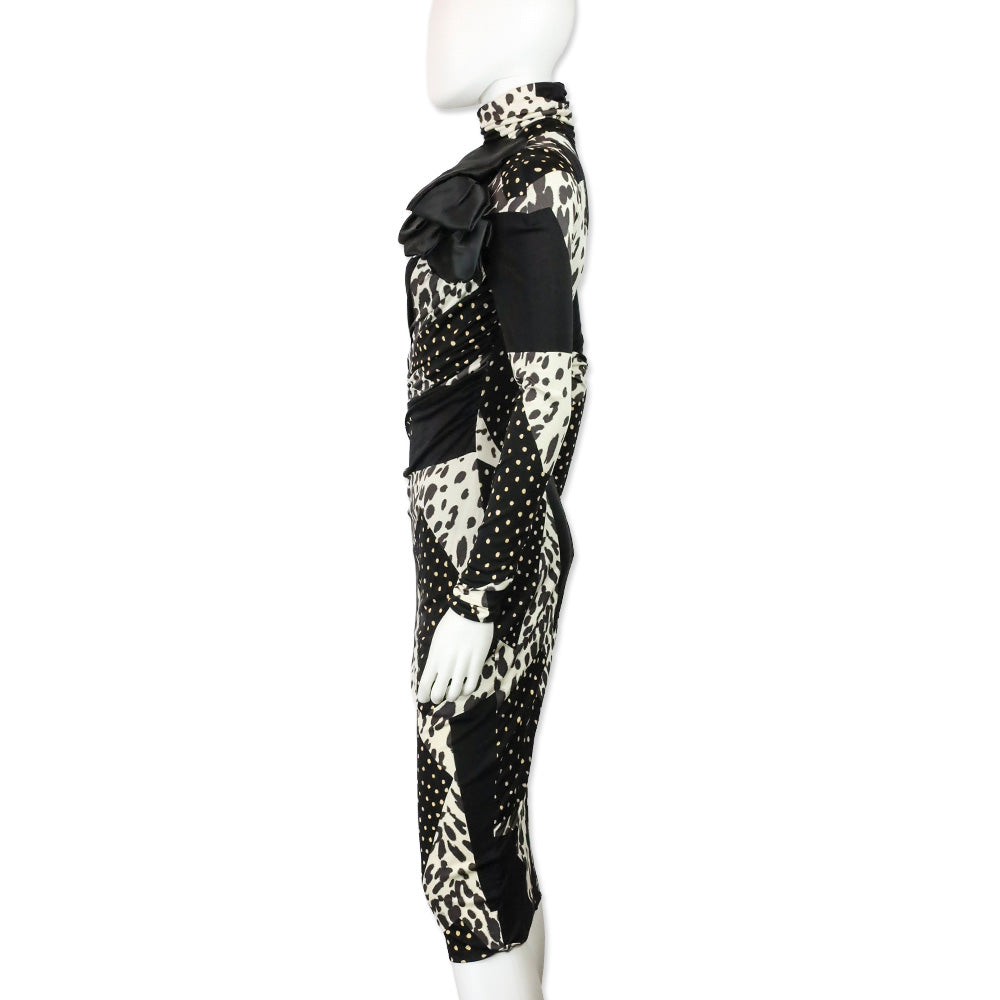 Giambattista Valli Mixed-Print Ruched Bow Silk Dress