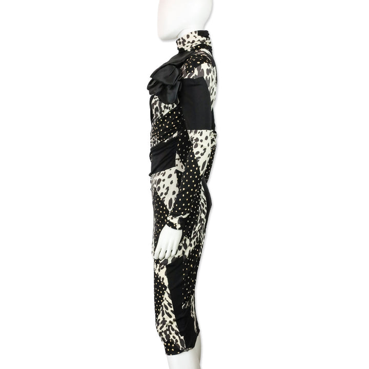 Giambattista Valli Mixed-Print Ruched Bow Silk Dress