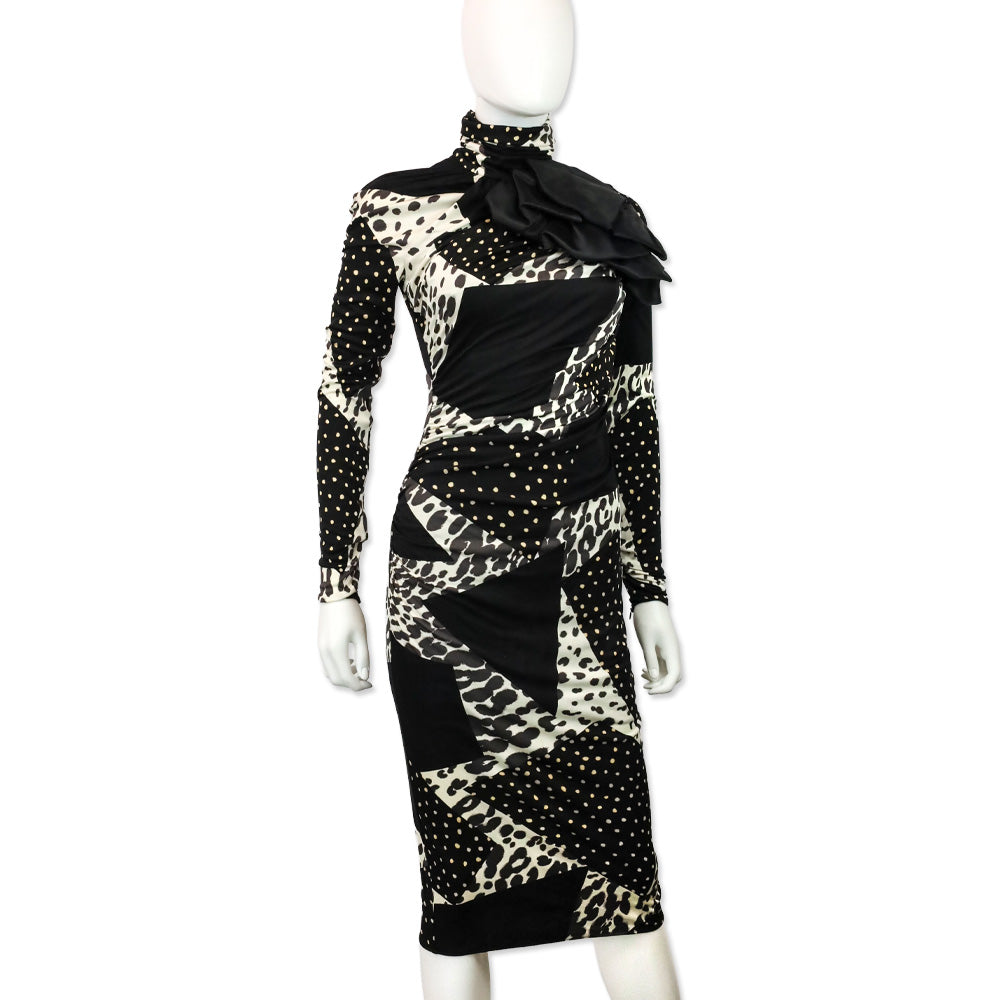Giambattista Valli Mixed-Print Ruched Bow Silk Dress