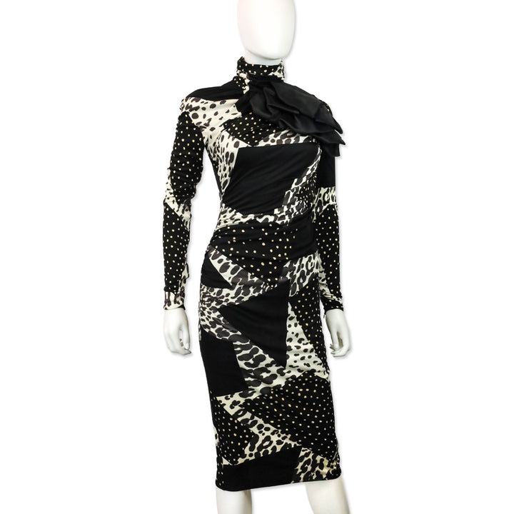 Giambattista Valli Mixed-Print Ruched Bow Silk Dress