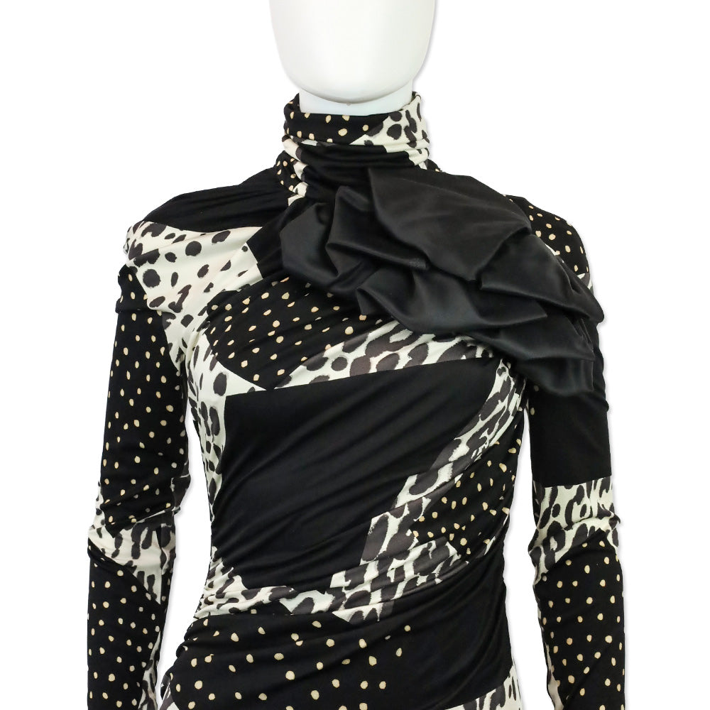 Giambattista Valli Mixed-Print Ruched Bow Silk Dress
