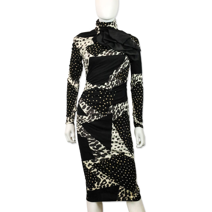 Giambattista Valli Mixed-Print Ruched Bow Silk Dress