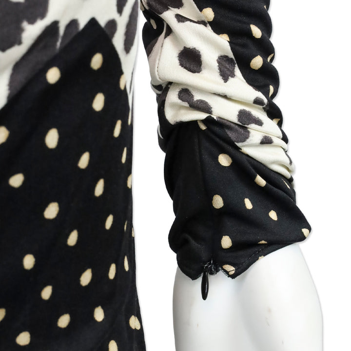 Giambattista Valli Mixed-Print Ruched Bow Silk Dress