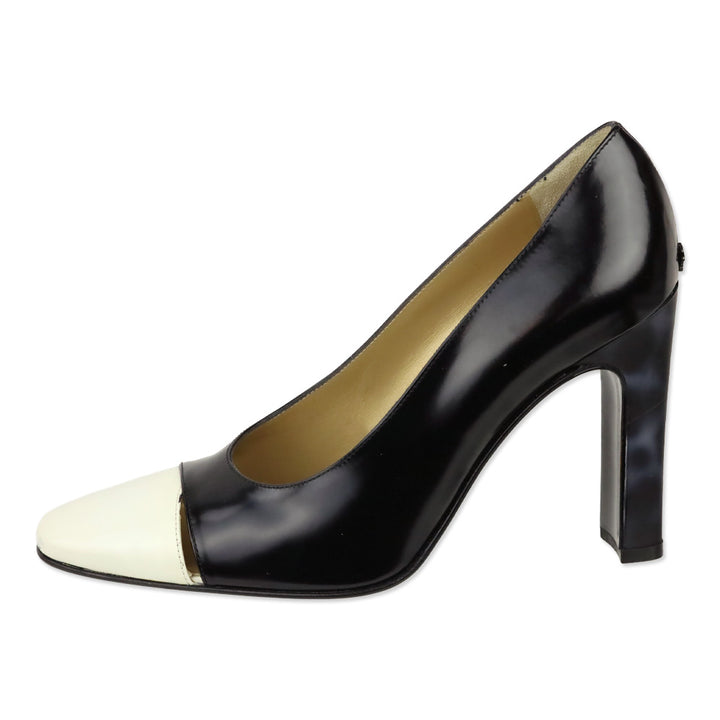 Gianni Versace Black Brushed Leather White Cap Toe Pumps