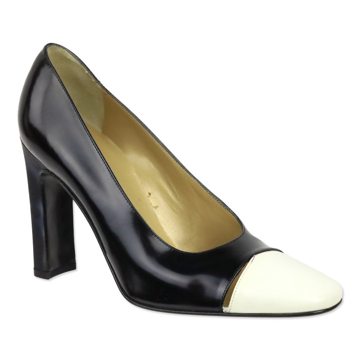 Gianni Versace Black Brushed Leather White Cap Toe Pumps