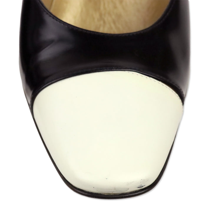 Gianni Versace Black Brushed Leather White Cap Toe Pumps