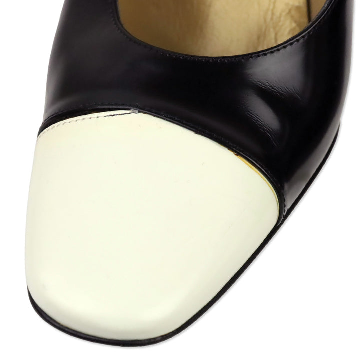 Gianni Versace Black Brushed Leather White Cap Toe Pumps