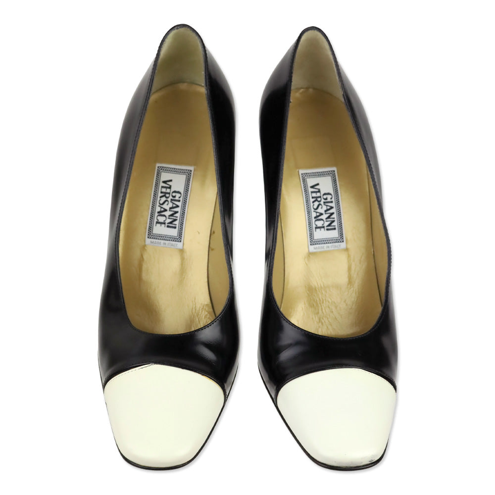 Gianni Versace Black Brushed Leather White Cap Toe Pumps