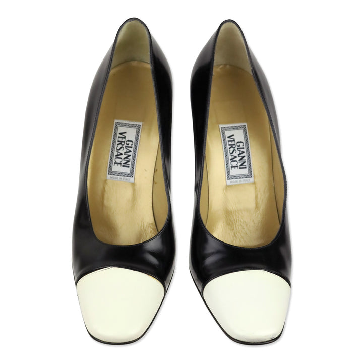 Gianni Versace Black Brushed Leather White Cap Toe Pumps