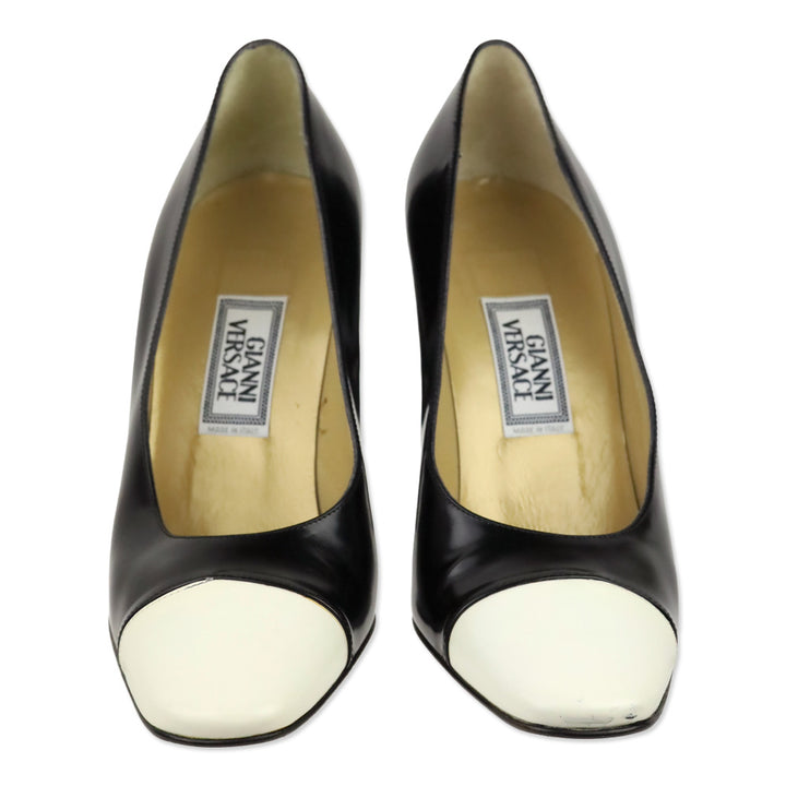 Gianni Versace Black Brushed Leather White Cap Toe Pumps