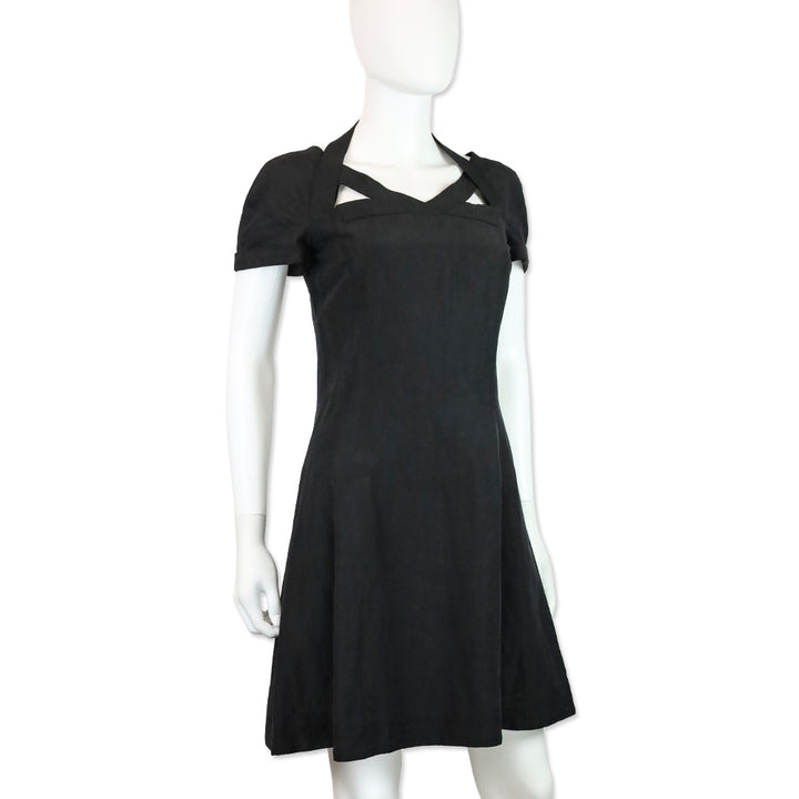 Gianni Versace Couture Black Linen Short Sleeve V-Neck Midi Dress