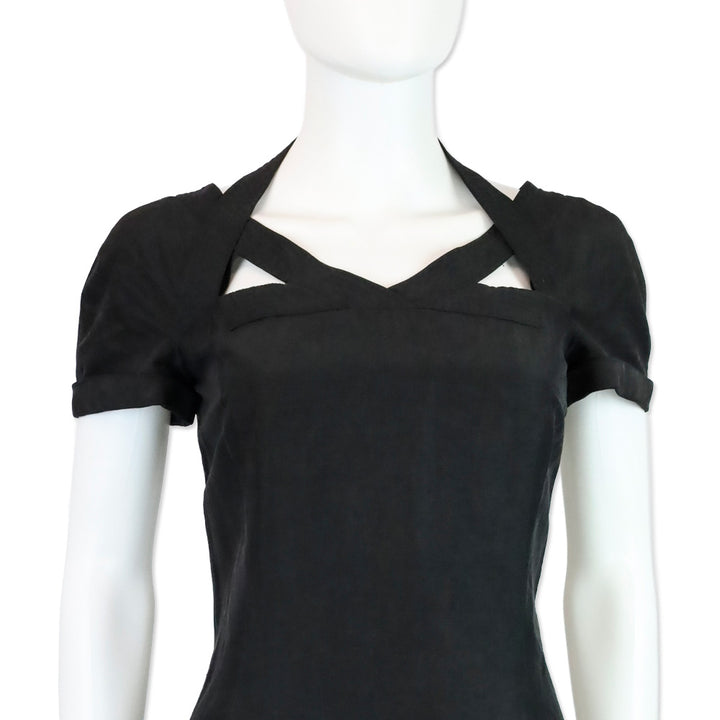Gianni Versace Couture Black Linen Short Sleeve V-Neck Midi Dress