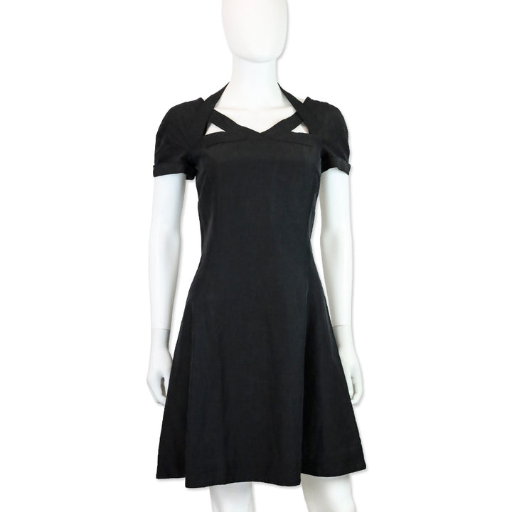 Gianni Versace Couture Black Linen Short Sleeve V-Neck Midi Dress