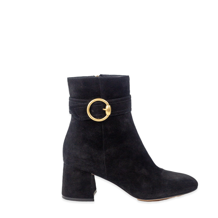 Gianvito Rossi Black Suede Gold Buckle Ankle Booties