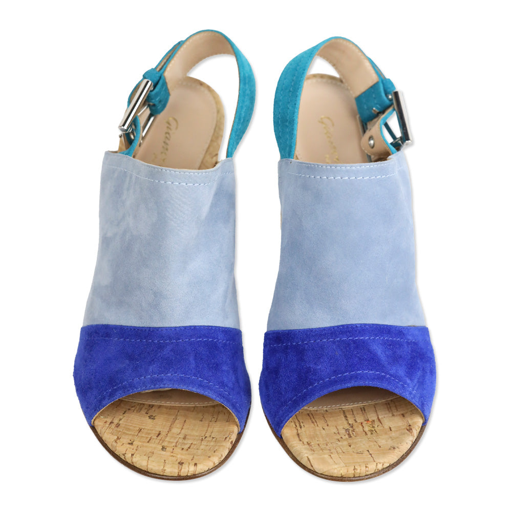 Gianvito Rossi Blue Suede Colorblock Pattern Slingback Sandals