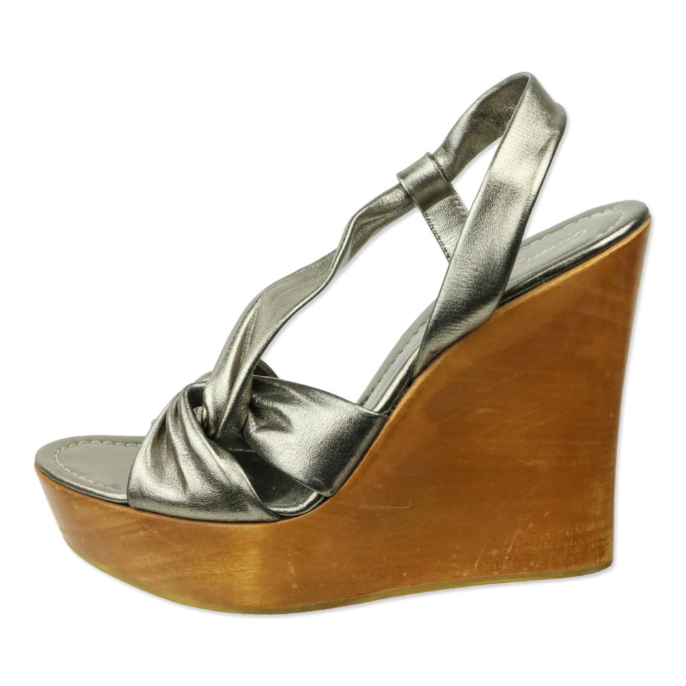 Gianvito Rossi Metallic Bronze Twisted Leather Wood Wedge Platform Sandal