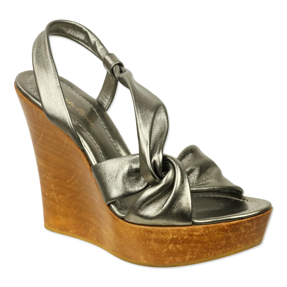 Gianvito Rossi Metallic Bronze Twisted Leather Wood Wedge Platform Sandal