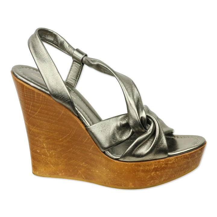 Gianvito Rossi Metallic Bronze Twisted Leather Wood Wedge Platform Sandal