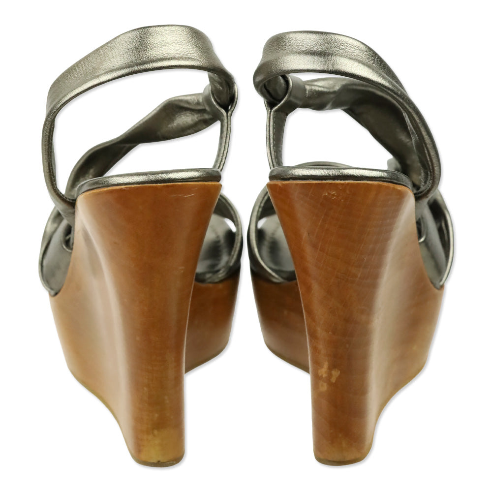 Gianvito Rossi Metallic Bronze Twisted Leather Wood Wedge Platform Sandal