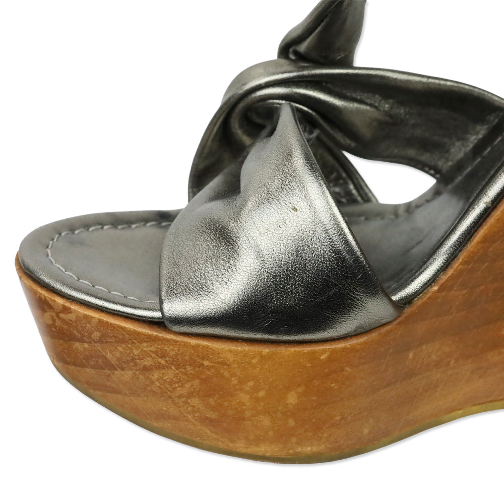 Gianvito Rossi Metallic Bronze Twisted Leather Wood Wedge Platform Sandal